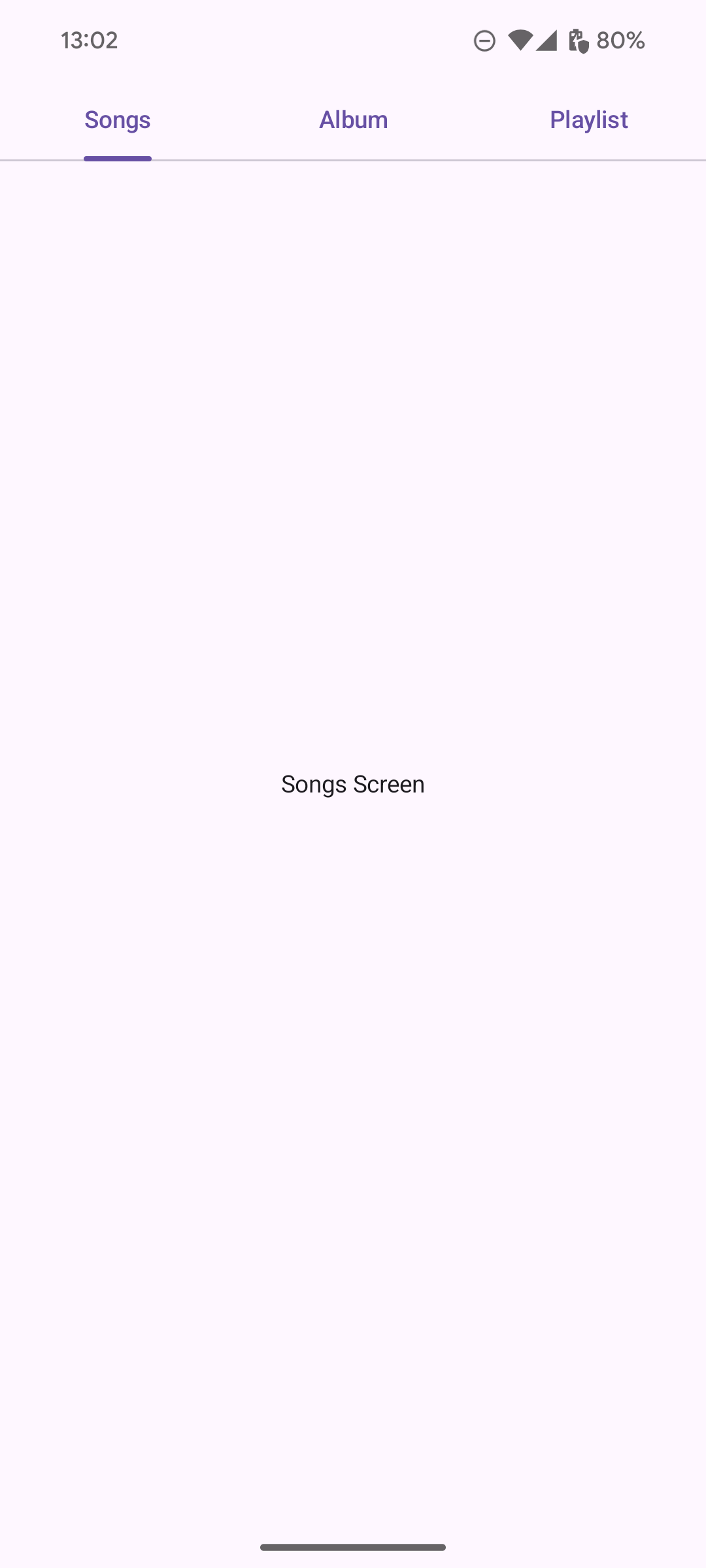  3 个标签页水平排列在应用屏幕顶部。标签页包括“歌曲”“专辑”和“播放列表”，其中“歌曲”标签页处于选中状态并带有下划线。